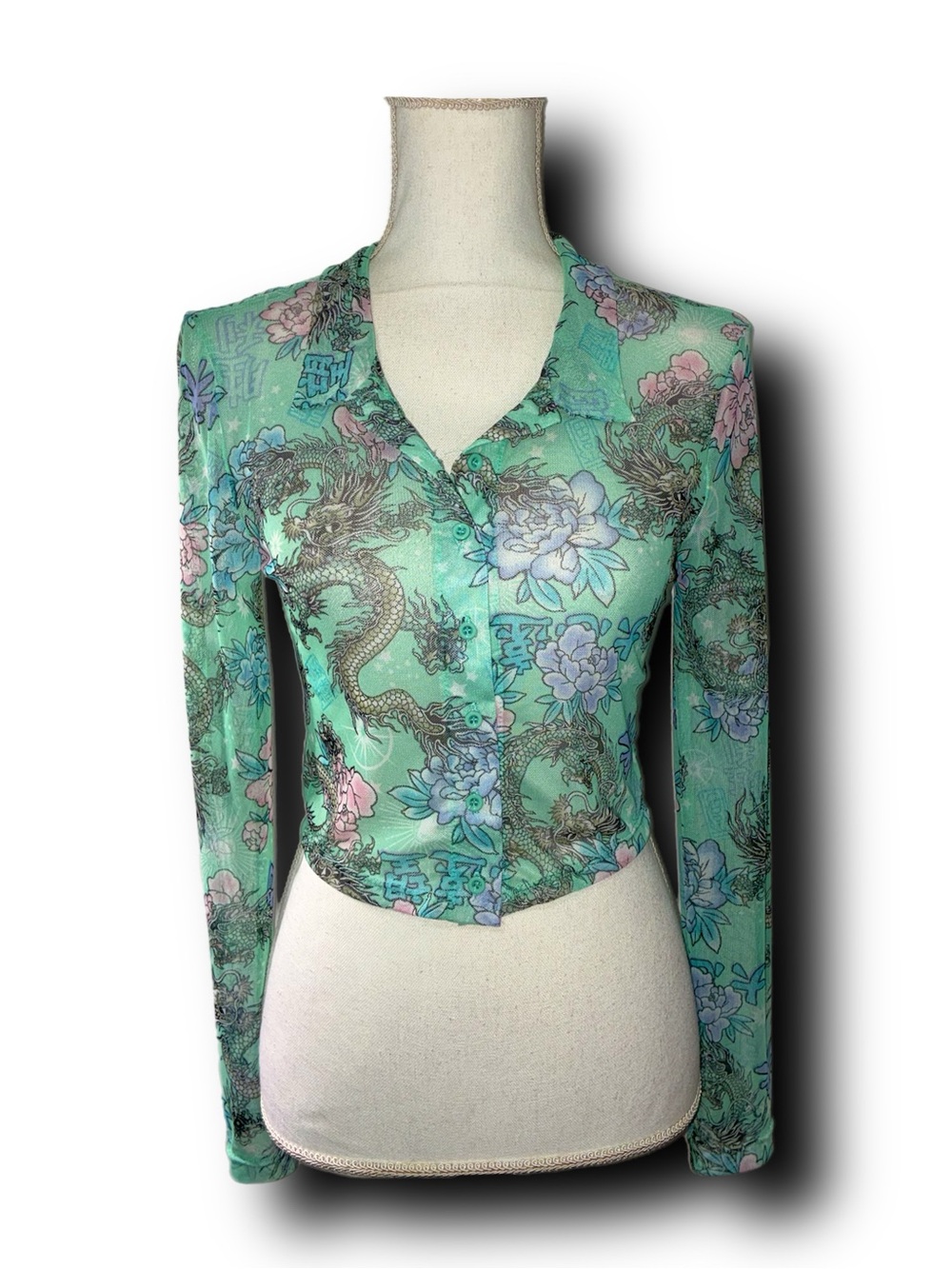 Just Polly Soft, Sheer Mint Green Dragon & Floral Button-Front Y2K Style Top